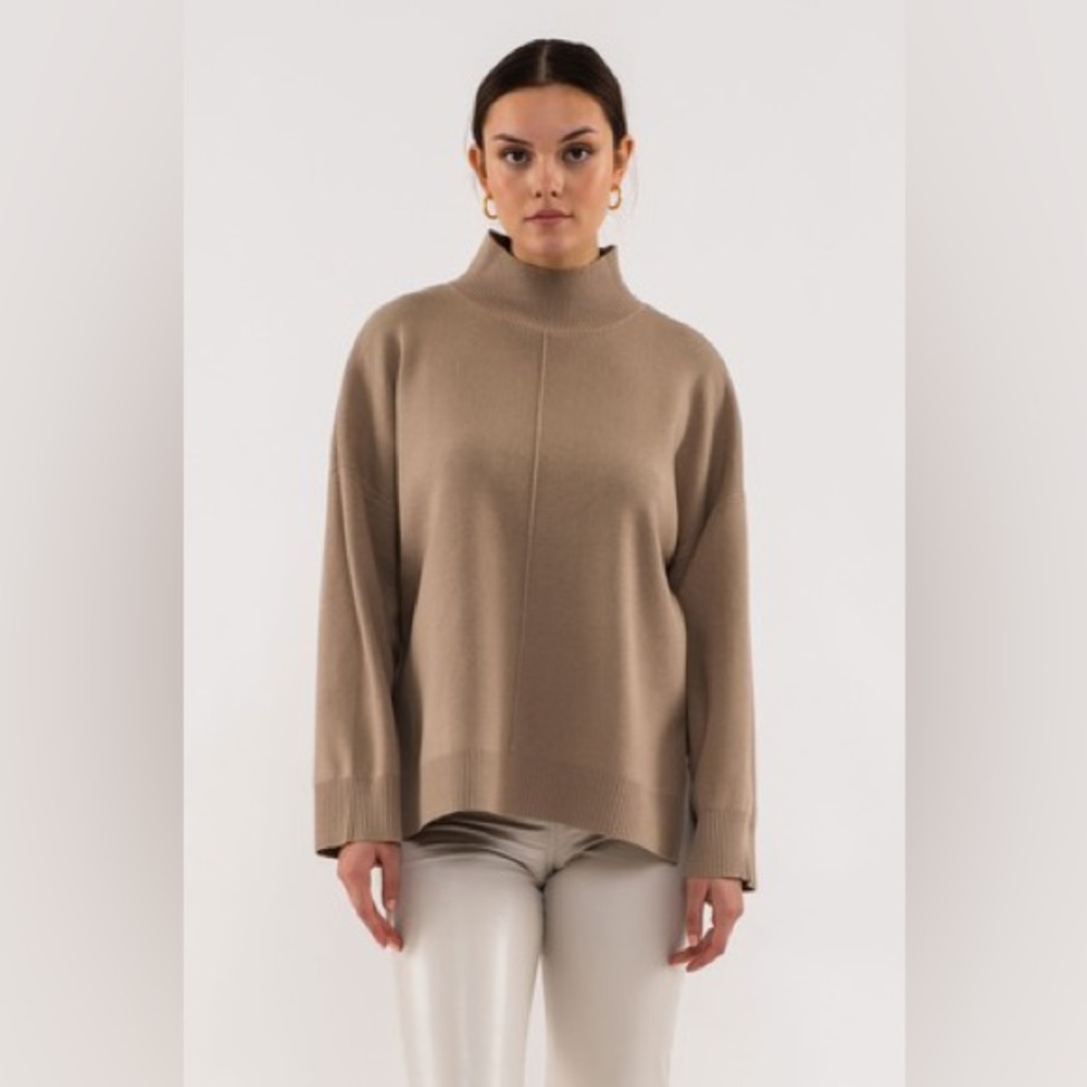 Beatrice Solid Mock Neck Sweater In Taupe